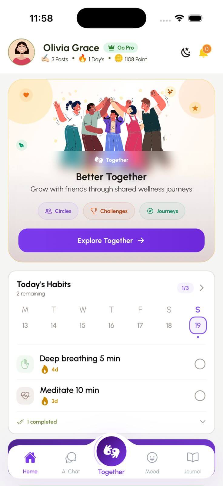 InnerHeal Together feature — shared wellness screen | Innerheal App